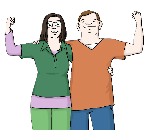 Zwei Personen halten sich im Arm und lächen. Sie halten beide einen Arm hoch und zeigen ihre Stärke.