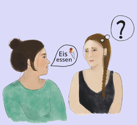 Eine Person schaut eine andere an und fragt: Eis essen? Die andere verschränkt die Arme und schaut zurückhaltend fragend.