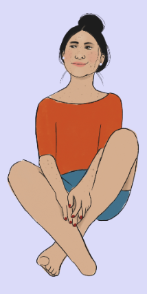 Eine junge Frau sitzt mit verschränkten Beinen auf dem Boden. Ein Fuß ist amputiert. Sie lächelt leicht und schaut nach oben. Sie denkt sanft nach. Sie hat einen Dutt und ein rotes Oberteil.