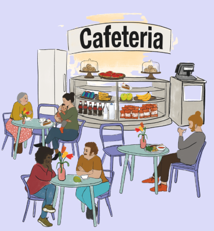 Eine Cafeteria mit vielen Tischen und verschiedenen Leuten. Es ist viel los. Die Leute sitzen und sprechen und essen. Im Hintergrund ist eine Theke mit einem Buffet.