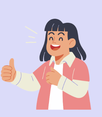 Eine Person mit langen schwarzen haaren und Pony kneift die Augen zusammen und alcht dabei und zeigt die Daumen nach oben. Die Person trägt ein hemd mit Kragen und ein rotes Hemd darüber.