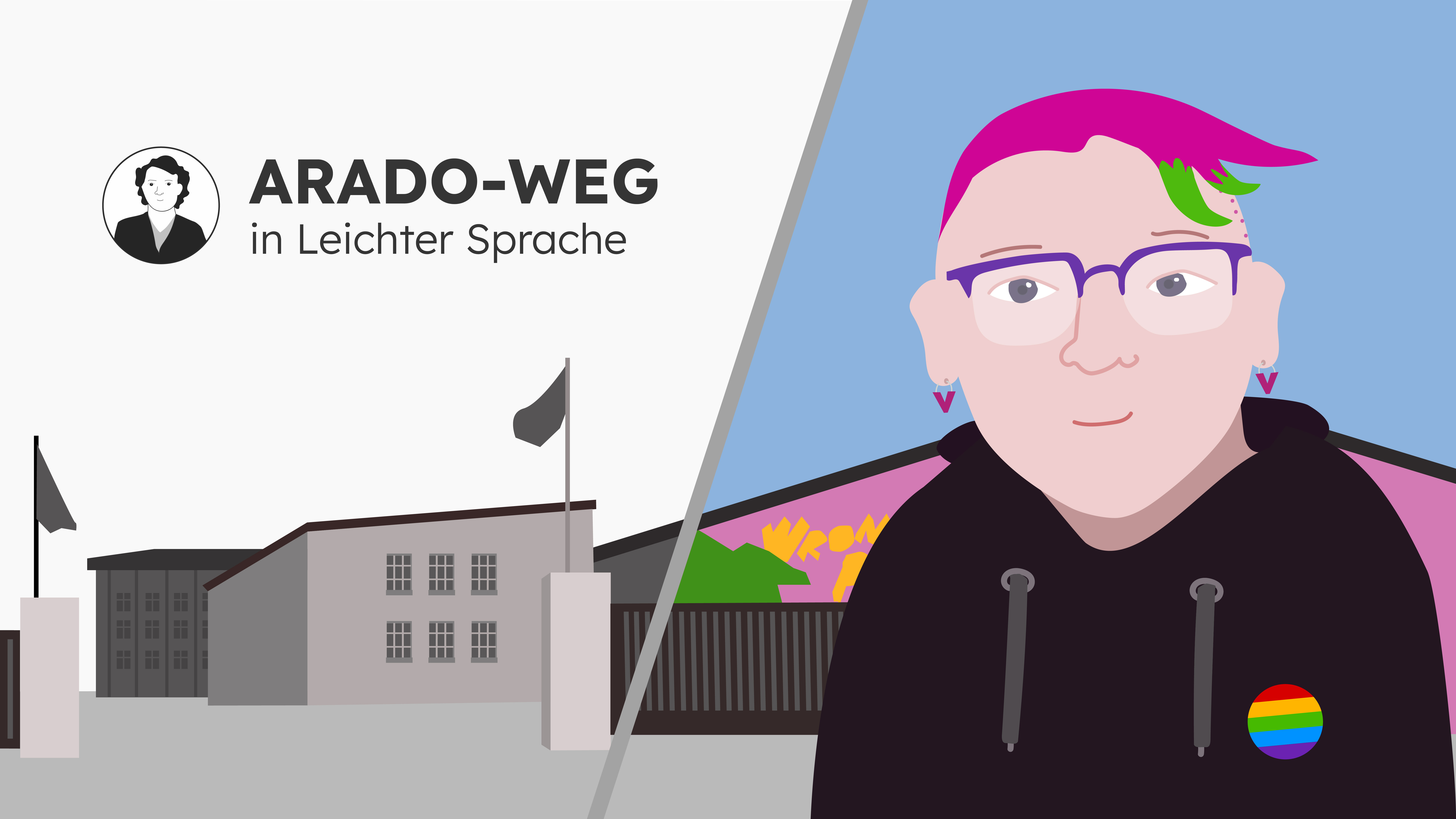 Startbild vom Arado-Weg in Leichter Sprache: links ist eine alte Fabrikhalle in grau gezeichnet. Das Bild ist mittig geteilt. Rechts wird die Fabrikhalle fortgesetz, ist aber bunt angemalt. Im Vordergrund steht eine freundliche Person mit Brille und pinken Haaren.