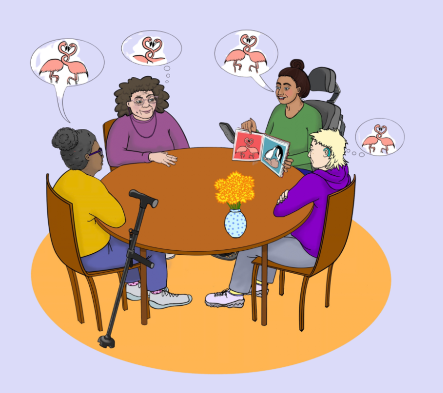 Vier Leute sitzen um einen Tisch. Sie tragen bunte Kleidung. Sie haben verschiedene Hautfarben und Haarfarben. Eine Person nutzt einen Gehstoch, eine Person trägt eine Brille. Eine Person hat ein Hörgerät und eine Person sitz in einem E-Rollstuhl. Eine Person zeigt ein Buch. Die anderen denken darüber nach oder sprechen darüber. Sie sprechen über das Thema: Verleibtsein.