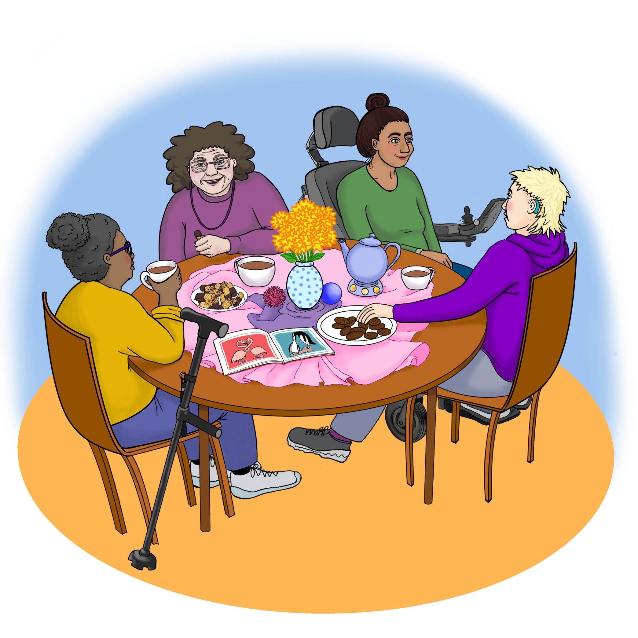 4 Leute sitzen um einen runden Tisch. Sie tragen bunte Pullis und unterhalten sich. Sie essen zusammen. Eine Person hat eine Gehhilfe, eine ein Cochela-Implantat und eine Person sitzt in einem E-Rolli.