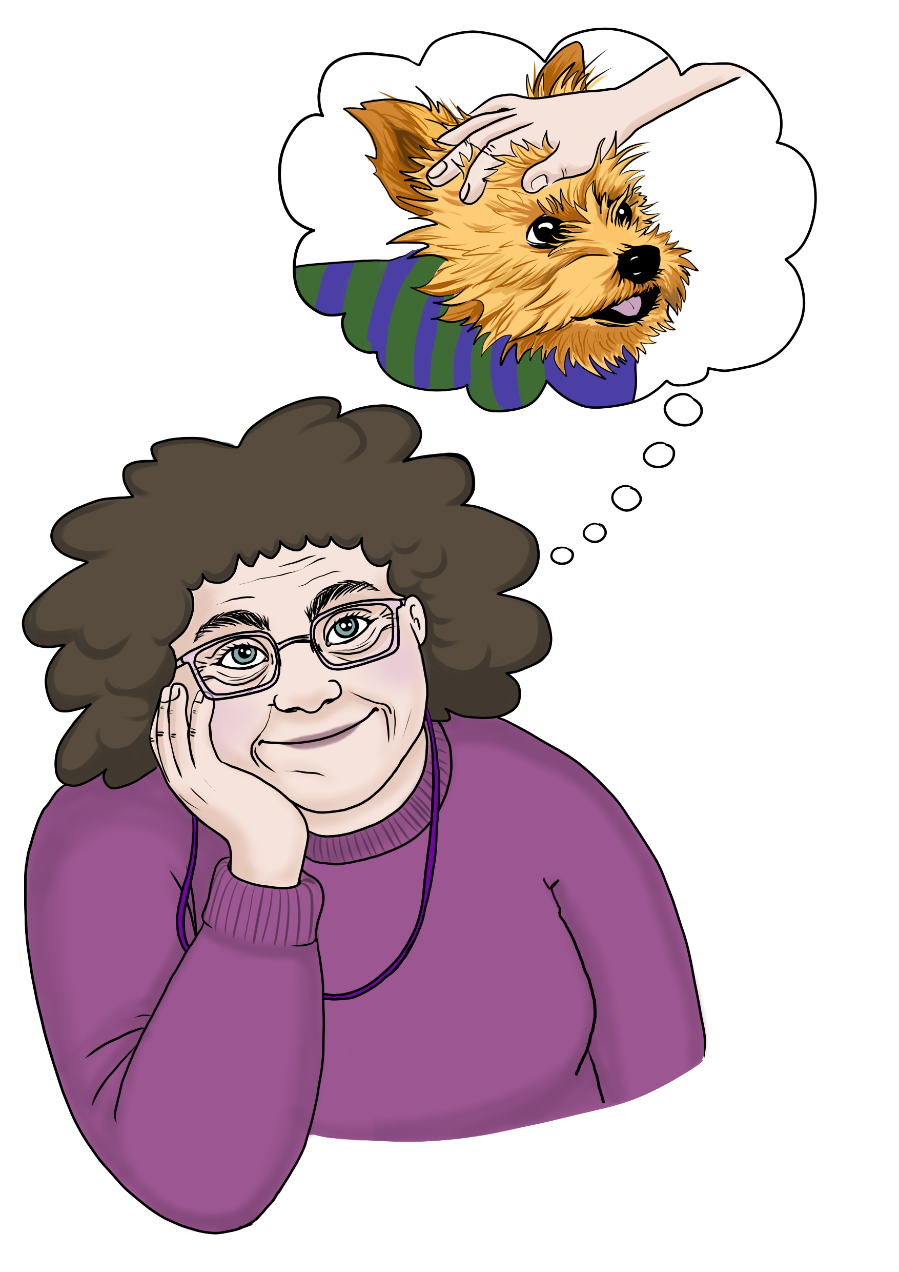 Eine Person im Lila Pulli stützt den Kopf auf die Hand. Sie hat braune Struwwel-Haare und eine Brille. Über ihrem Kopf ist eine Gedanken-Blase: Dadrin ist ein kleiner Hund zu sehen. Eine hand streichelt den Hund am Kopf.