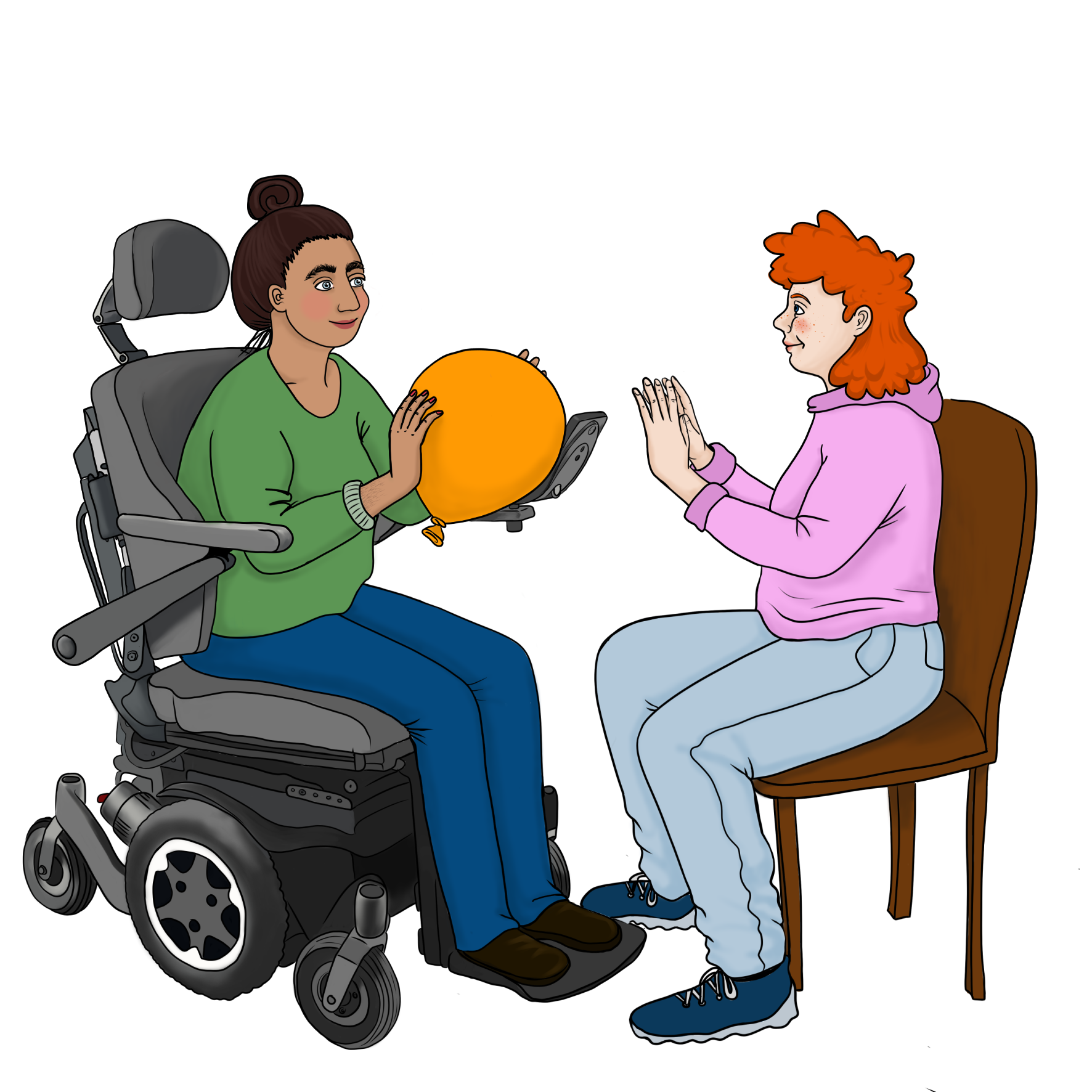Zwei Leute sitzen sich gegenüber. Eine Person ist in einem E-Rolli. Sie reicht der anderen Person einen orangen Luftballon.